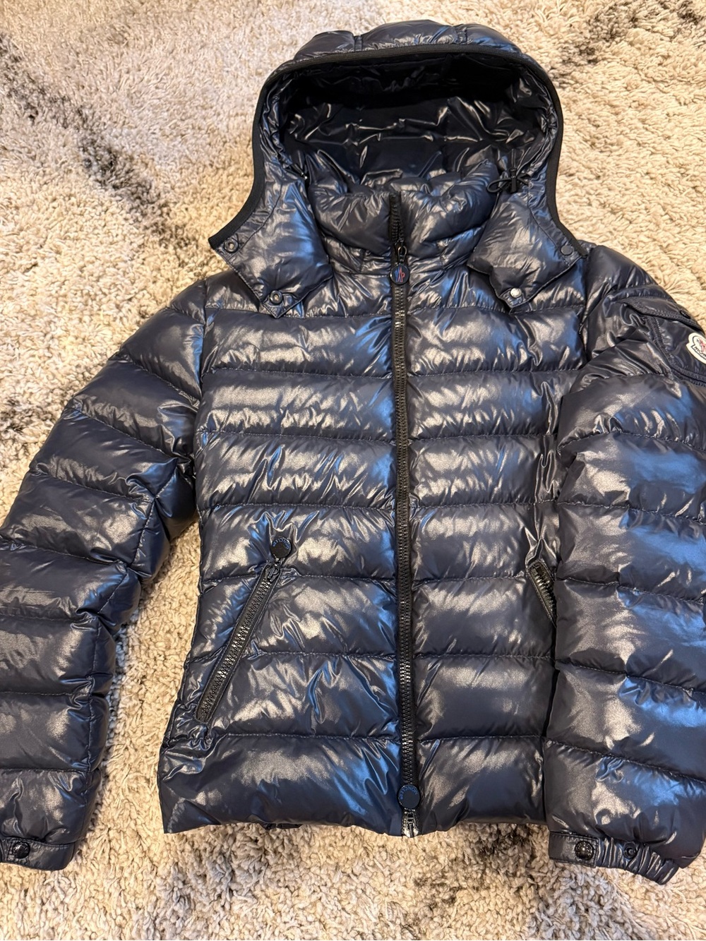 Moncler Shiny Navy Hooded Puffer Coat